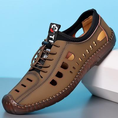 2024 Summer Popular Leather Sandals Men's Breathable Hollow Middle-aged Business Driving Shoes Non-slip Beef Tendon Sole Casual Shoes