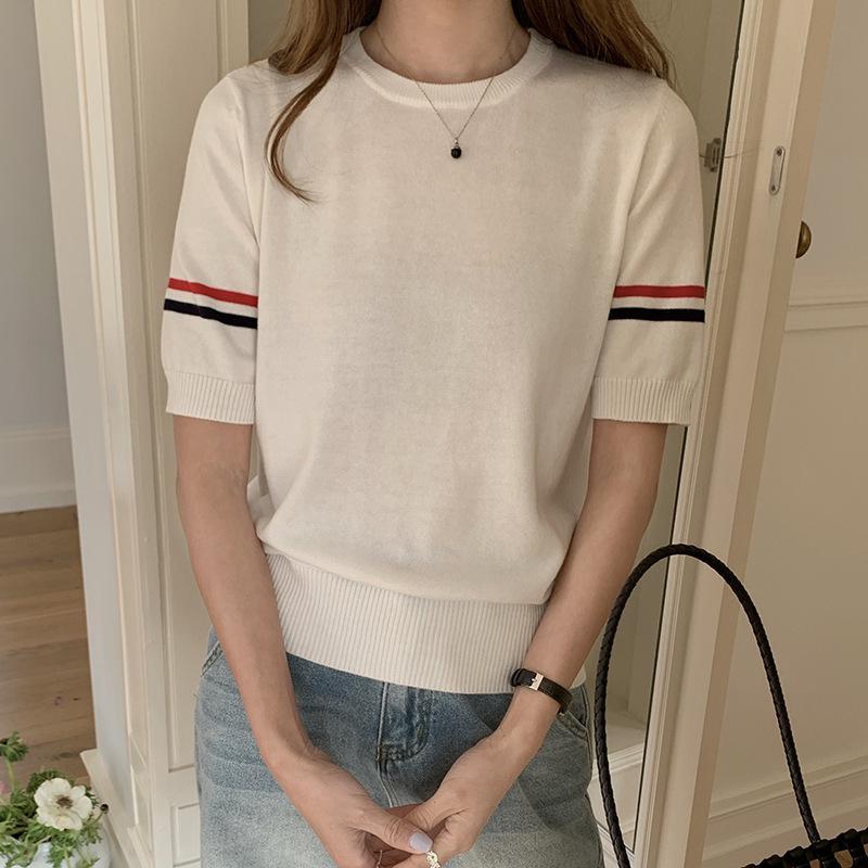 

2025 Women s Casual Fashion Double Stripe Crew Neck Short Sleeve Cotton T-Shirt L