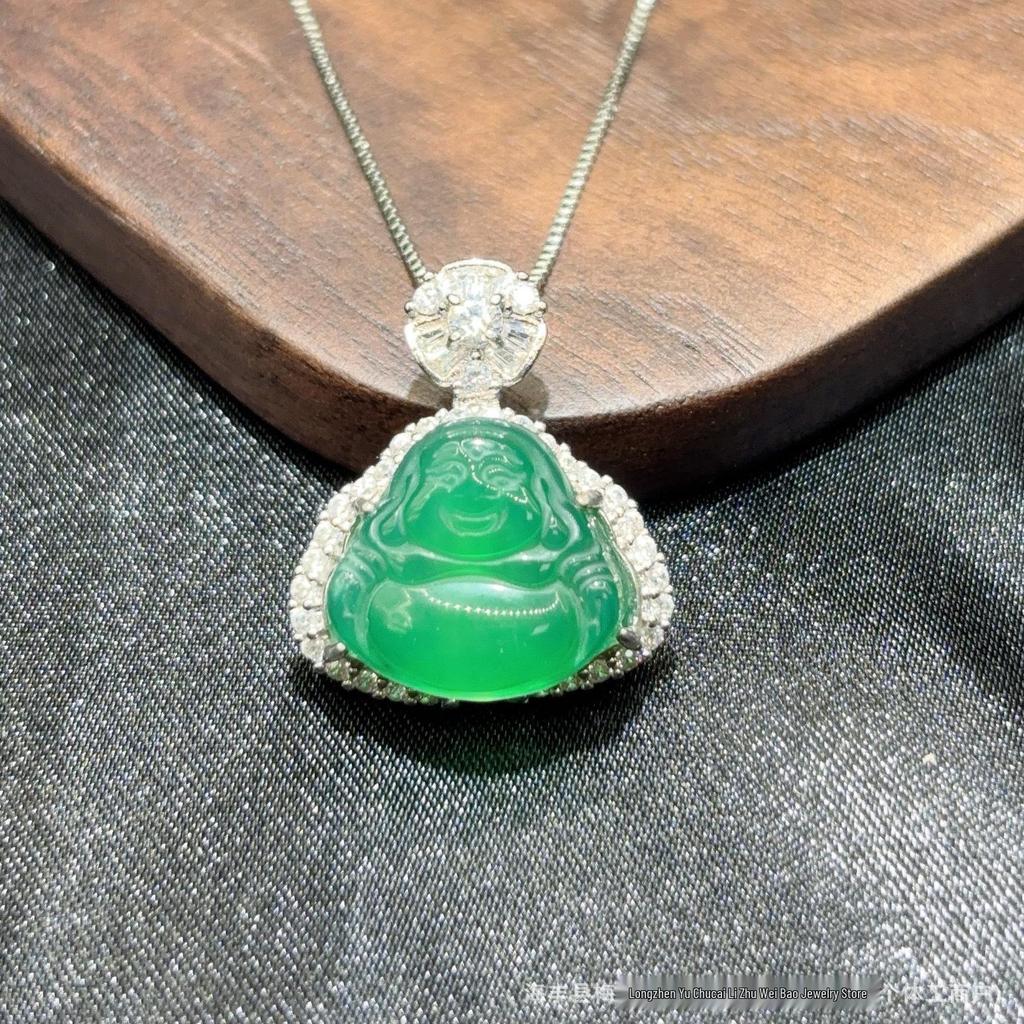 Grade A Chalcedony Agate Jadeite Smiling Buddha Pendant in S925 Silver, High Ice Green, Full Diamond with Mesh Design.