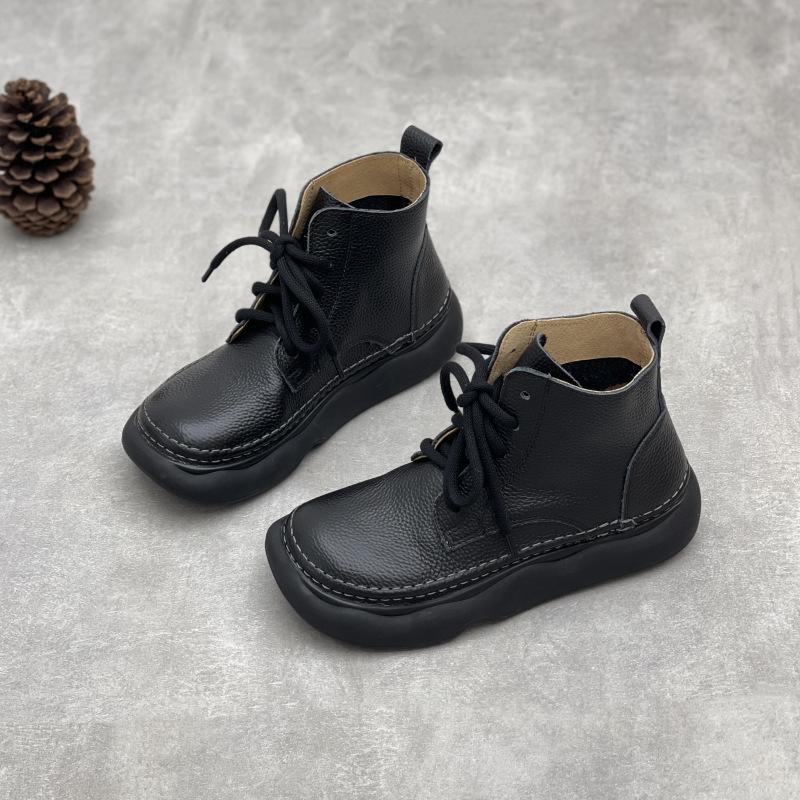 Johnature Retro Oryginalne Skórzane Krótkie Buty Szerokie Noski Sznurowane Skórzane Buty Damskie Miękka Podeszwa