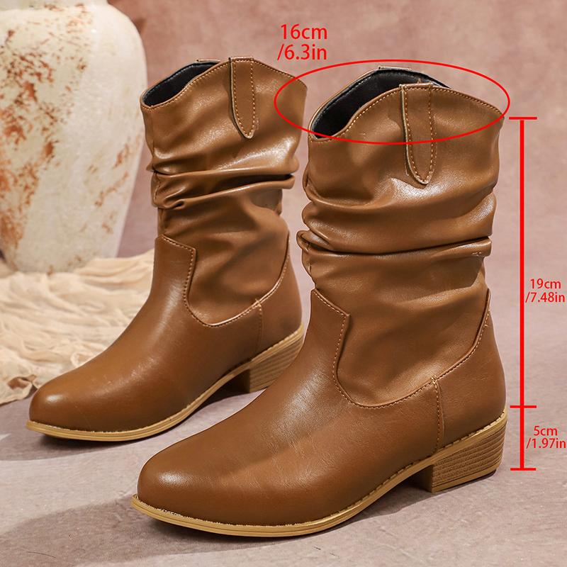 

Fashion Pleated Pu Leather Cowboy Boots Women Western Style Mid Calf Boots Woman Autumn Winter Plus Size Fashion Chunky Hees Botas Mujer 43