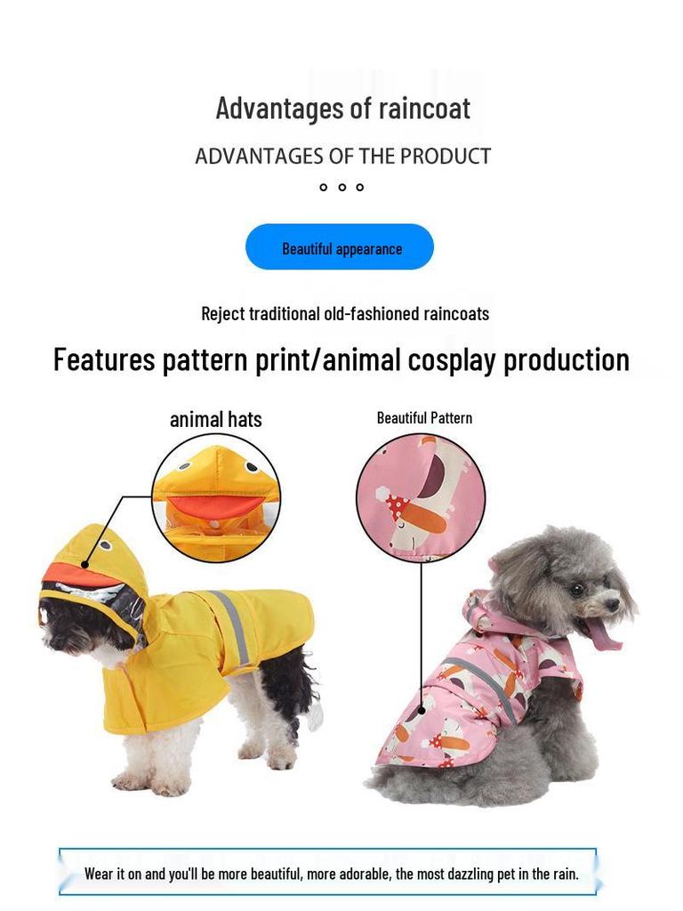 Universal Dog Raincoat with Foot Covers & Leash Access, Animal Design & Belly Wrap - Fits Small to Large Breeds