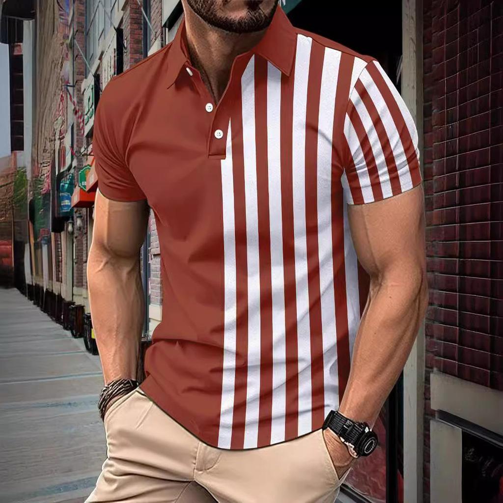 New Summer New Men's Short-sleeved Polo Shirt Striped Printed Lapel Polo Shirt Men's T-shirt Tops