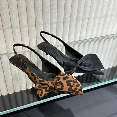Fashion Sexy Leopard Bow Women Pointed Toe Sandals Summer 2024 New Slingback Sandals Dress Shoes Low Heels Flip Flops Pumps Femme Slides