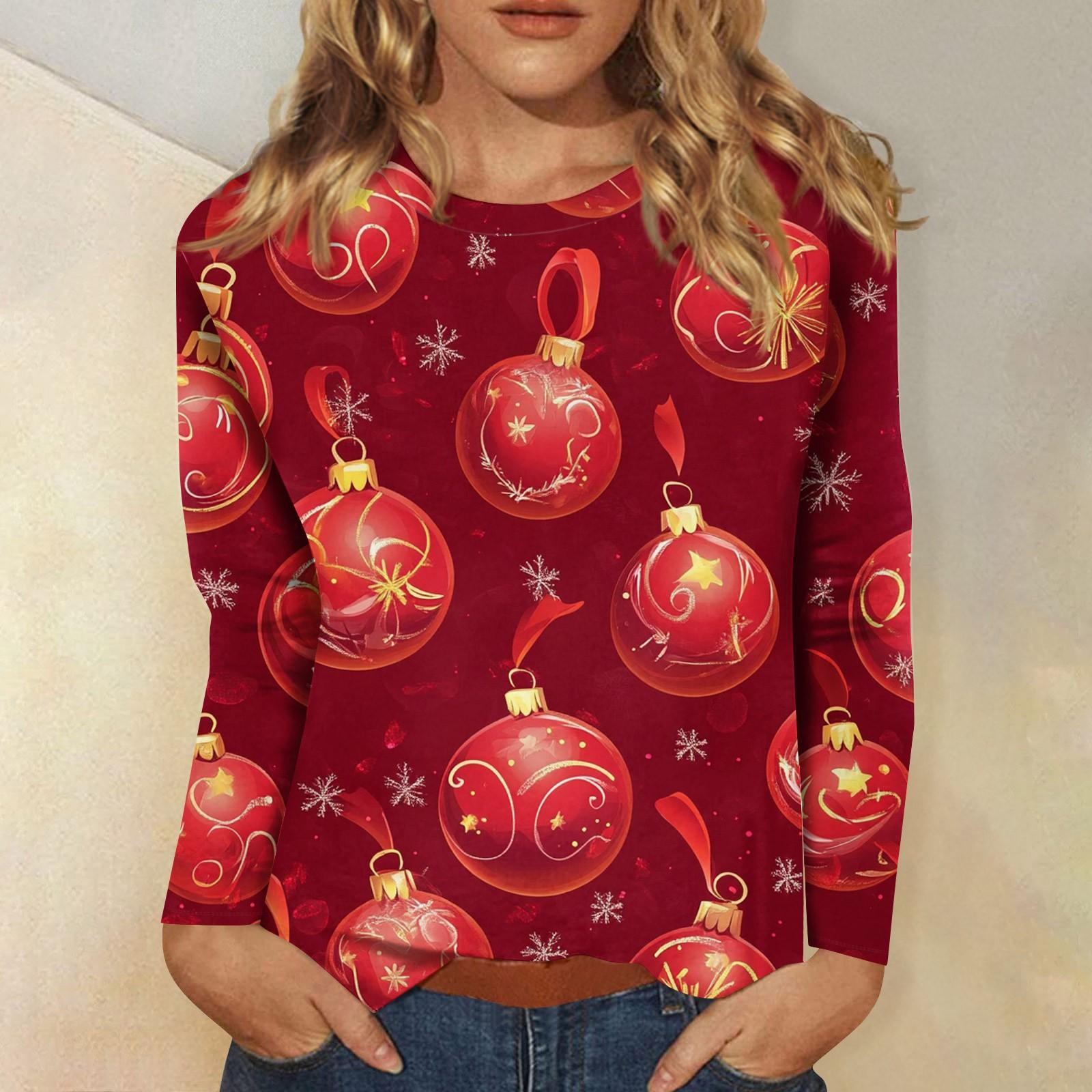 

Женский модный повседневный топ с длинными рукавами и рождественским принтом с круглым вырезом Топ с длинными рукавами XXXXL красный