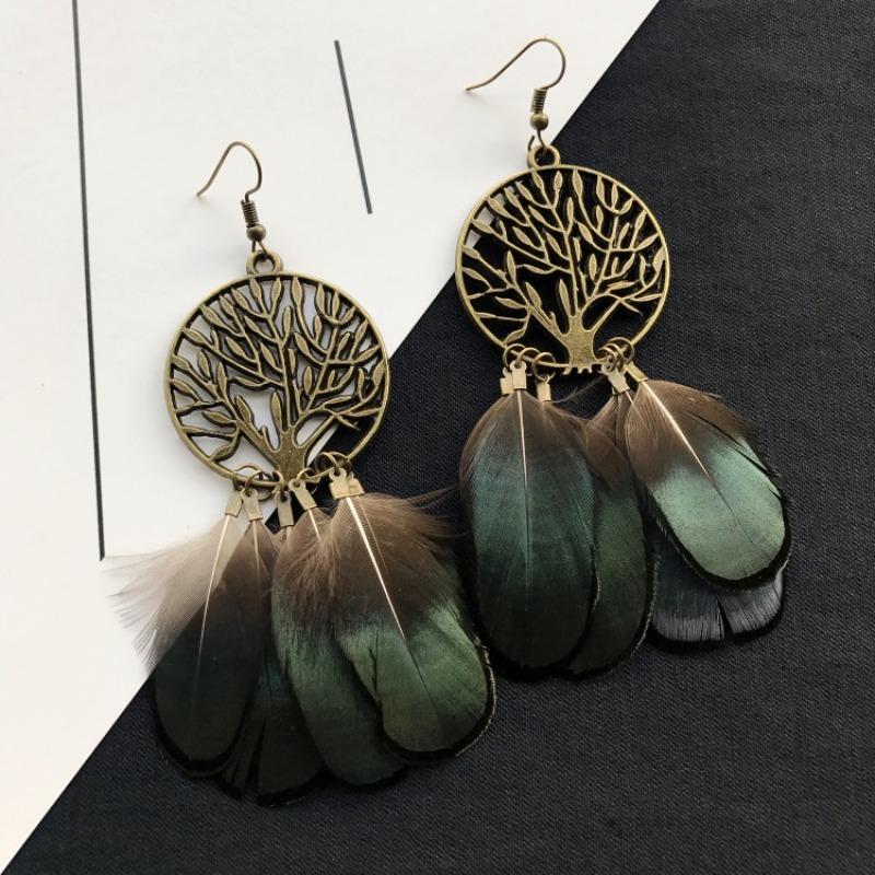 Retro Peacock Feather Fringed Earrings Women's Bohemian Fashion Elegant Temperament Versatile Long Earrings