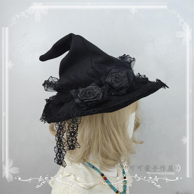Lolita Goth Rose White Burgundy Hat for Women Multi-color Original Pointed Witch Hat Halloween Wizard Hats
