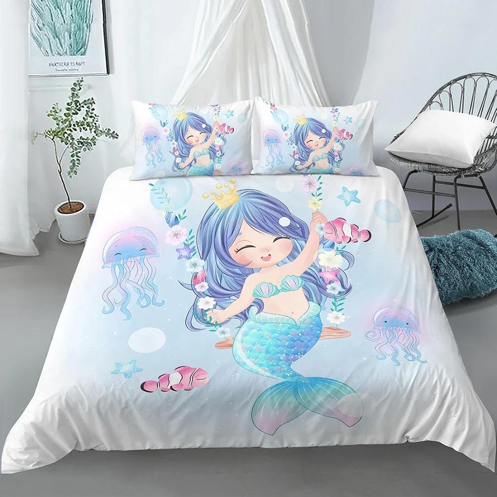 Set Biancheria da Letto Culla Copripiumino per Bambino Bambini Blu Cartone Animato Sirena Edredones Niños Ragazze Principessa Poliestere Copripiumino