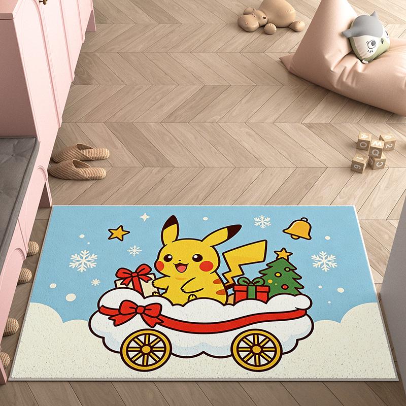 Cute Pikachu Christmas Sleigh 3D Print Imitation Cashmere Rug, Soft Water Absorbent Carpet For Bedroom Home Decor