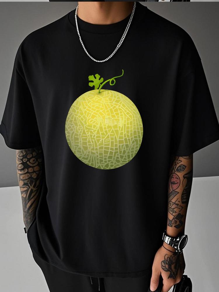 Unisex Summer White Short Sleeve Tee Fresh Honey Melon Fruit Graphic Print Crew Neck Loose Casual Streetwear Male Fashion Tops