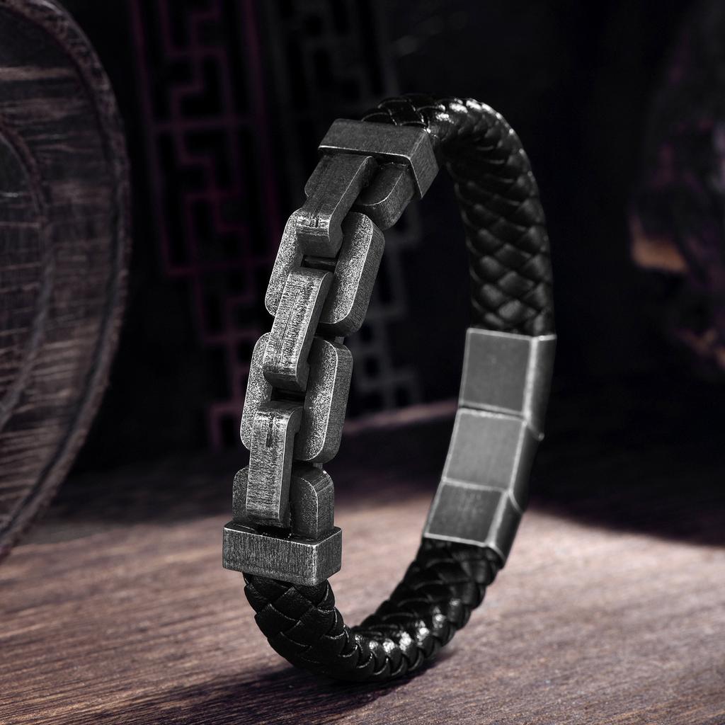 Accessories Men's Bracelet Wide Square Chain Splicing Leather Bracelet Accessories Stainless Steel Bracelet