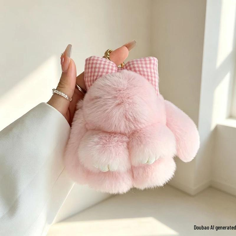 Bowknot Playing Dead Rabbit Keychain: Cute Plush Mini Bunny Bag Charm