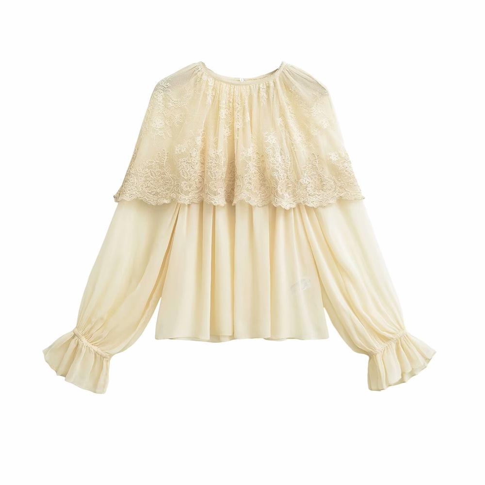 

Spring 2025 Women s Slim Fit Lace Patchwork Round Neck Shirt XS