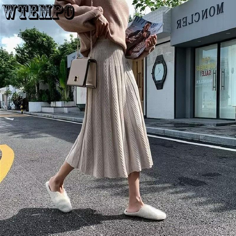 Knitted Skirt for Women In Spring and Autumn Mid Length High Waisted A-line Skirt Pleated Skirt