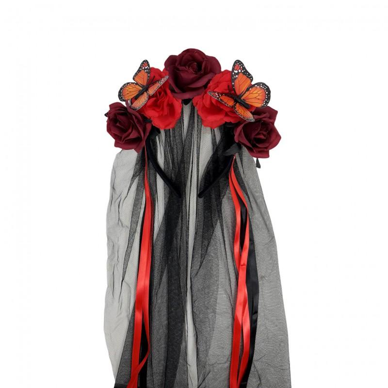 Handmade Floral Headband With Rose Blooms Black Veil Wings Ribbon Halloween Party Festival Costume Accessory Women