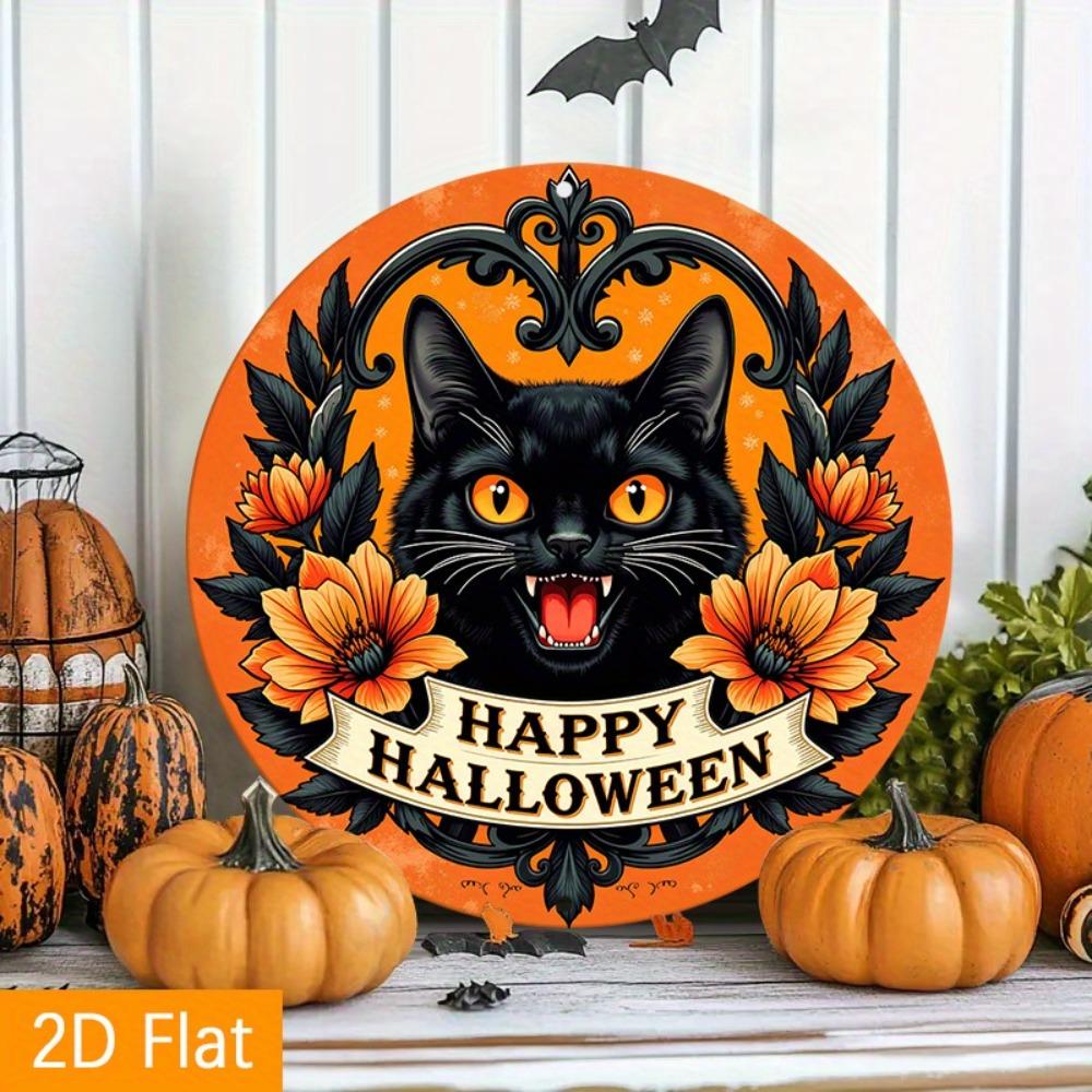 Mfoever Tin Sign Vintage Happy Halloween Black Cat Metal Tin Sign Retro Spooky Floral Round Wall Art Decor Classic Gothic Holiday Cat Tin Paint