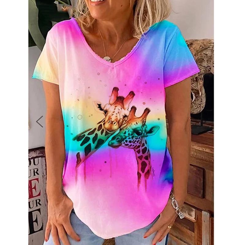 

Fashion Spring Kitten Print Blouses Short Sleeved V-Neck T Shirts Casual 8XL разноцветный