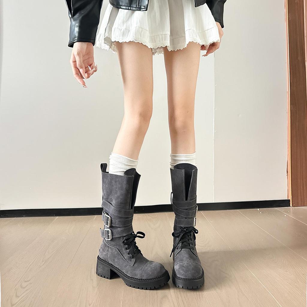 Autumn 2025 Genuine Leather Retro Mid-Calf Buckle Boots - Western Chunky Heel Motorcycle Style