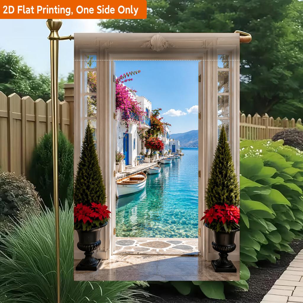 2D Flat, 2D Flat Printing Garden Flag 1pc, View Of Mediterranean Architecture Durable Single-Sided Print Yard Flag, Garden & Home Holiday Decoration,