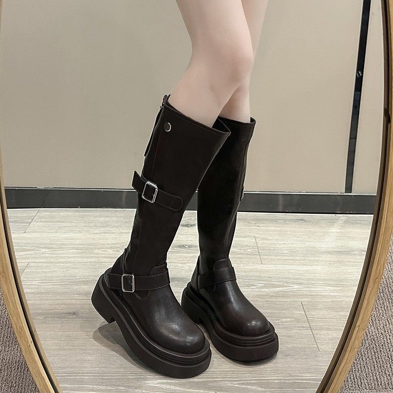 Thick heel thick sole thin elastic boots boots women's 2025 new autumn and winter brown small tall knight boots