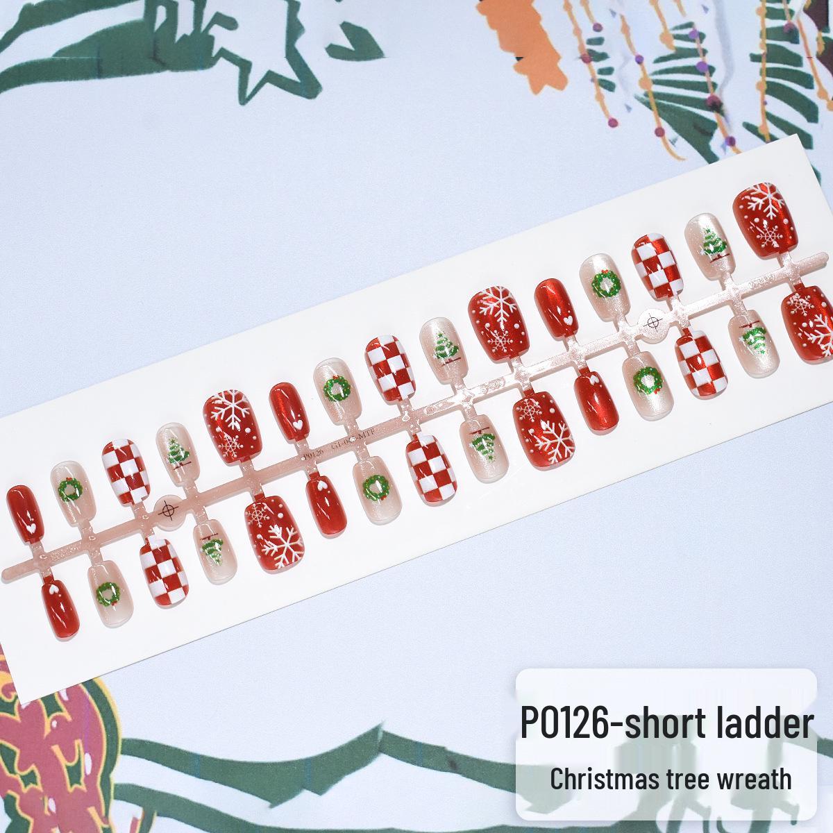 

P0126-Christmas Blush Cat Eye Press-on Nails: 30pcs Cartoon Tree, Wreath, Plaid – XS/S/M