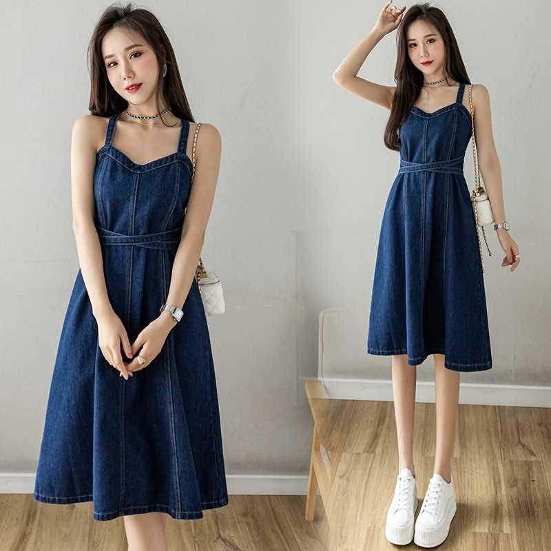Summer Large Size Slim-fit Denim Suspender Dress Women's V-n