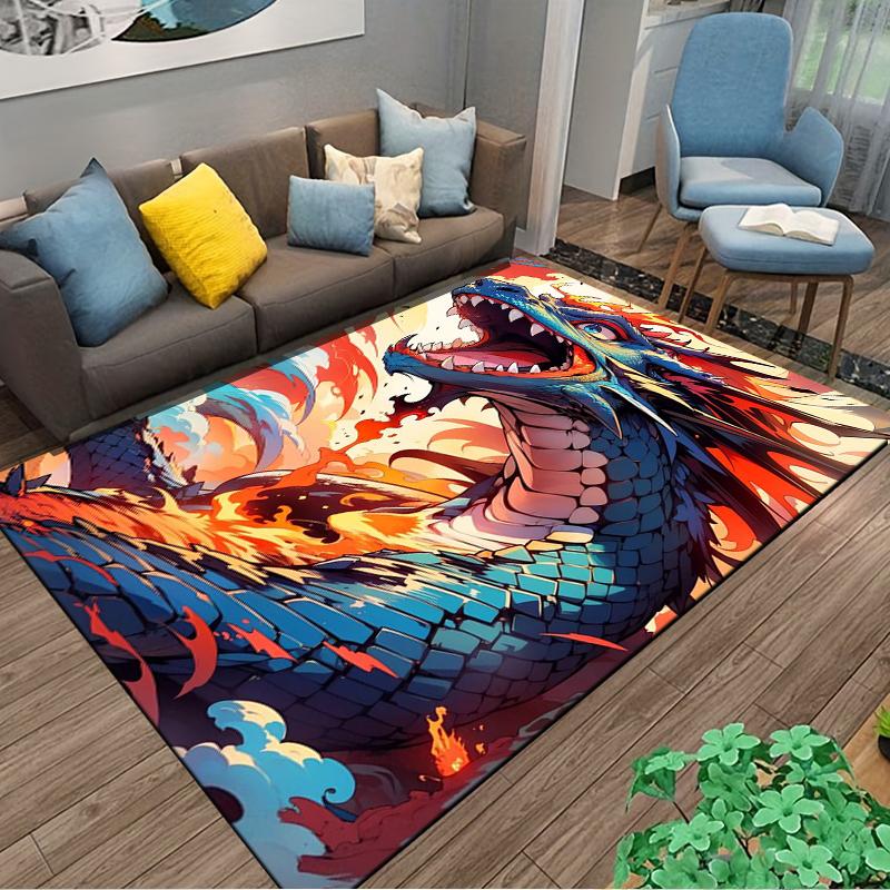 Fiery Blue Dragon Design Rug with Bold Colors for Home Decor Suitable for use as an anti-slip for living room bedroom sofas