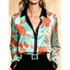 European Style Satin Printed Long Sleeve Blouse, Women Lapel Collar Flowy Office Top