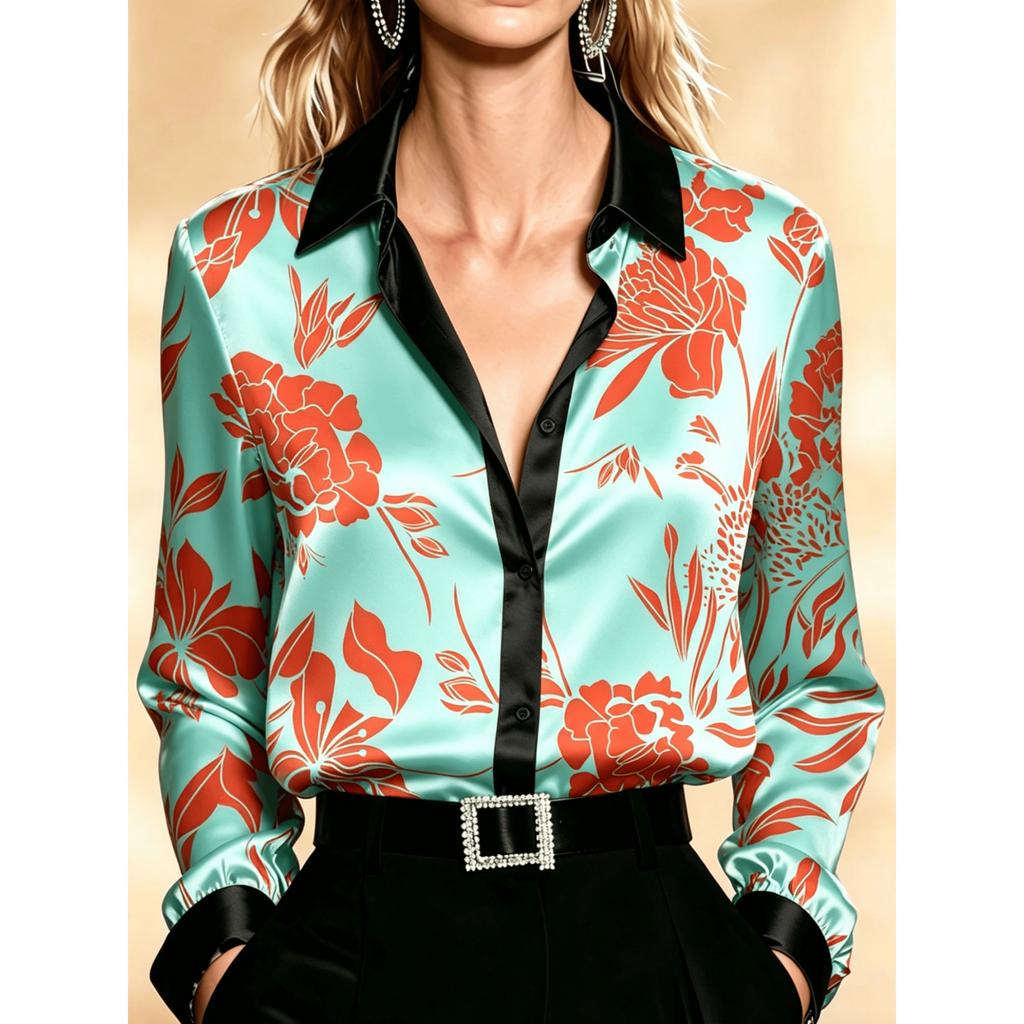 European Style Satin Printed Long Sleeve Blouse, Women Lapel Collar Flowy Office Top