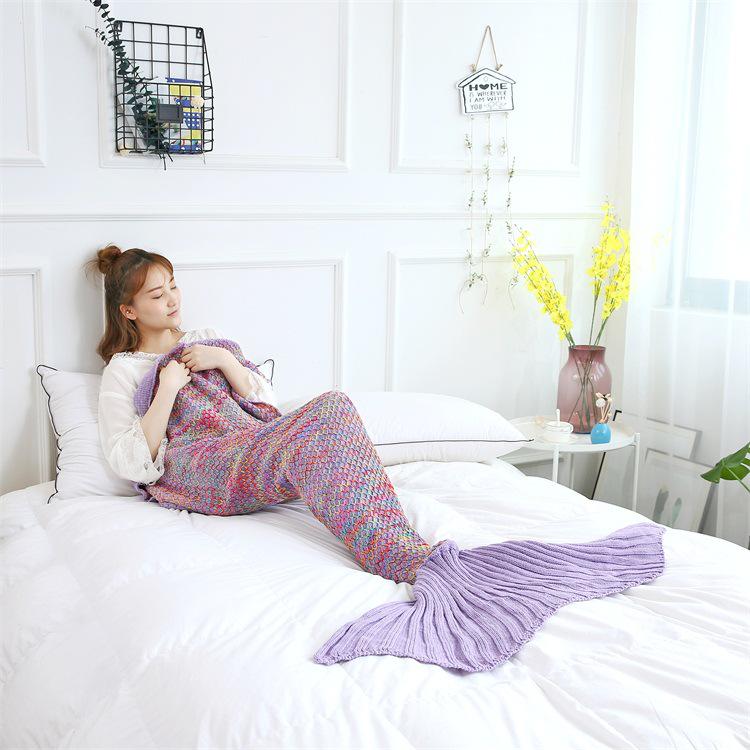 Summer Plaid Mermaid Tail Knit Blanket for Office & Nap