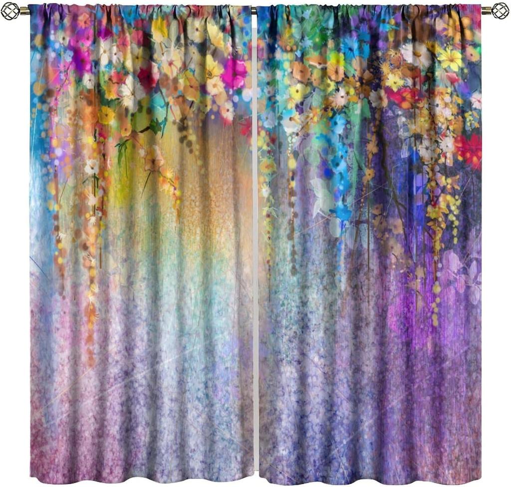 Floral Curta,Farmhouse Colorful Watercolor Wildflower Spring Flower Plant Botanical Pattern Decor Print Window Drapes For