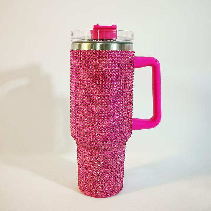 40oz Rhinestone-Inlaid Insulated Tumbler with Handle - Stainless Steel Double-Wall Cup for Outdoor and Car