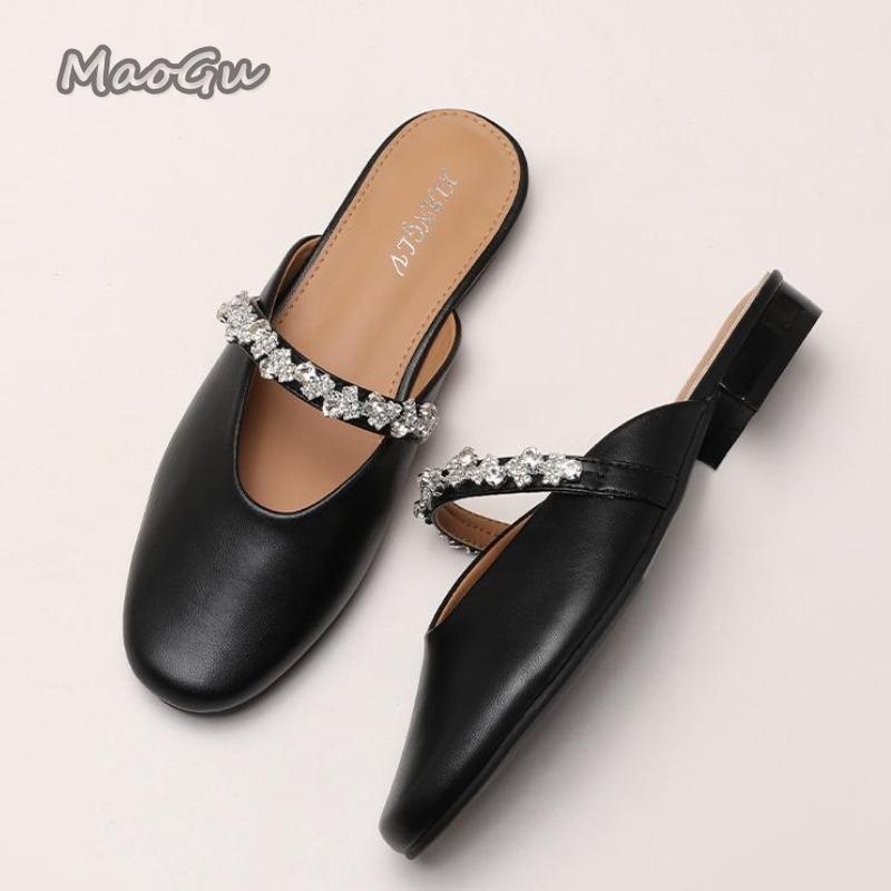 Fashion French Rhinestone Cover Toe Slippers for Women Slip On Women's Footwear Fashion Low Heel Pumps Soft Leather Comfortable Mules