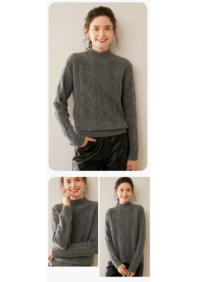 Women's Heavy Gauge Cashmere Cable Knit Sweater, Half-High Neck, Long Sleeve, Thickened Loose Pullover for Autumn Winter.