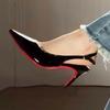New Red Background, Black Patent Leather Pointed Tip Thin Heel Royal Sister Sexy High Heels Femininity Bag Head Sandals