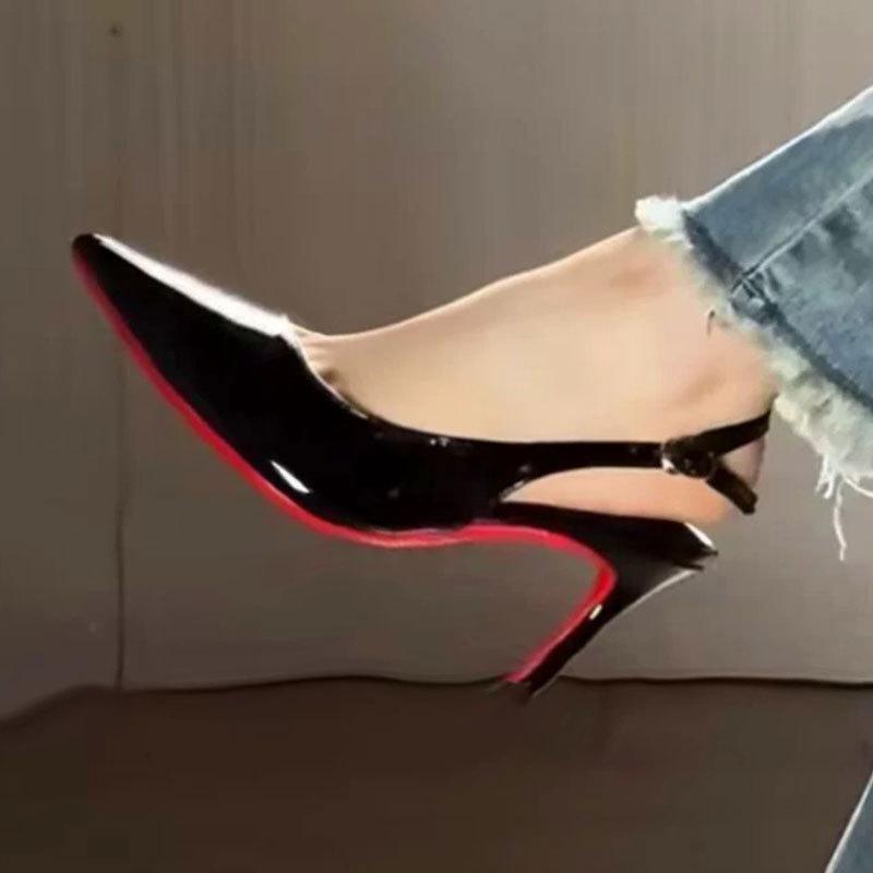 New Red Background, Black Patent Leather Pointed Tip Thin Heel Royal Sister Sexy High Heels Femininity Bag Head Sandals