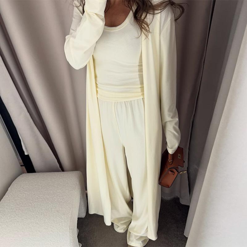 Women's Loose Fit Three Piece Co-ord Set Long Sleeve Tank Top Cardigan Elastic Waist Wide Leg Pants Tracksuit