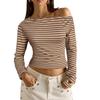 Damen Lässiges Gestreiftes Off-Shoulder Langarm T-Shirt Geripptes Strick Slim Fit Top Leichter Dehnbarer Stoff Bequem zu Tragen