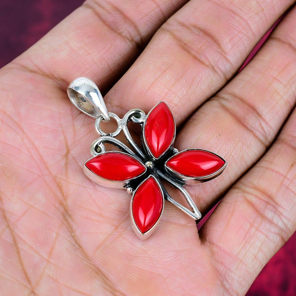 Přívěsek z červeného korálu, ručně vyrobený drahokam, 925 masivní přívěsek ze sterlingového stříbra, starožitné šperky, jako dárek k zásnubám
