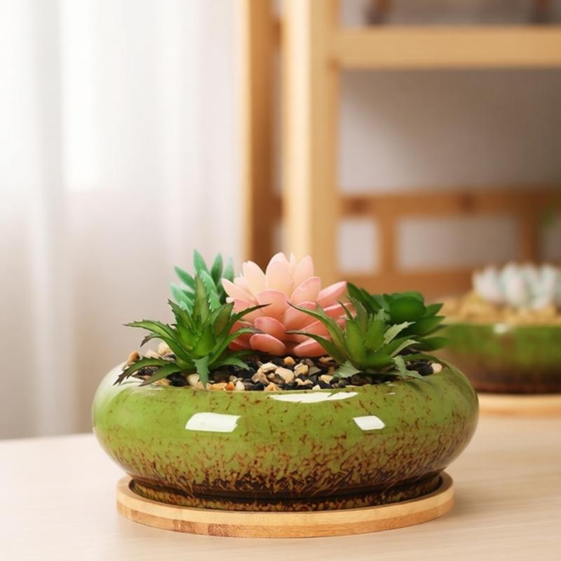 Round Shallow Ceramic Succulents Planter Bowl for Flower Succulents Cactuses Small Desktop Plant Container