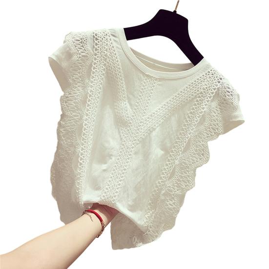 

Tee Shirt Lace Patchwork Short Sleeves Loose Pullover O Neck Daily Wear Breathable Women Summer Solid Shirt Fashion Clothing XL білий