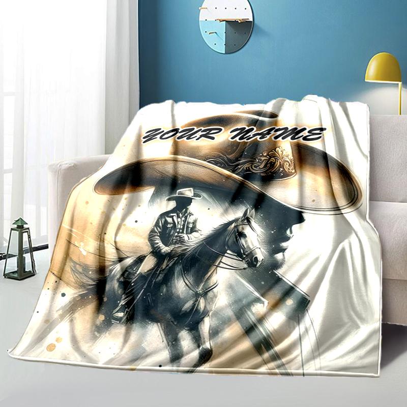 1PC Custom Name Rodeo Legend: Cowboy Spirit Outdooor Flannel Blankets Throw Blanket All-Season Throw Gift Bedspread for Couch, Bed, Camping Holiday Bi