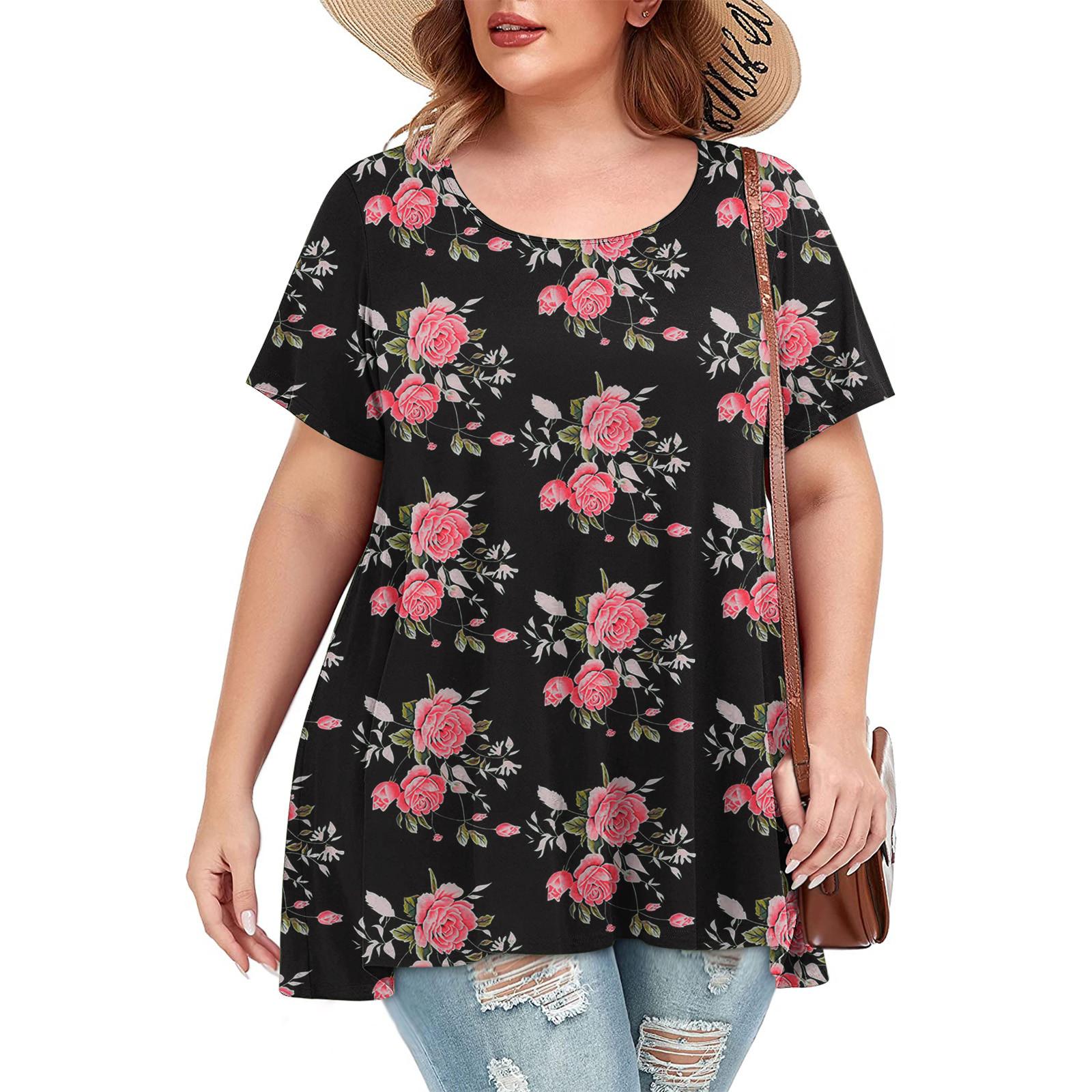 

Жіноча повсякденна вільна футболка з круглим вирізом і короткими рукавами, звичайна футболка великих розмірів XXXXXXL рожевий