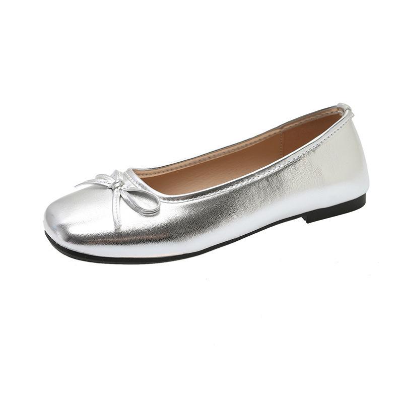 Versatile light mouth flat-soled single shoes women's 2026 summer new silver French bow with skirt soft-soled beanie shoes