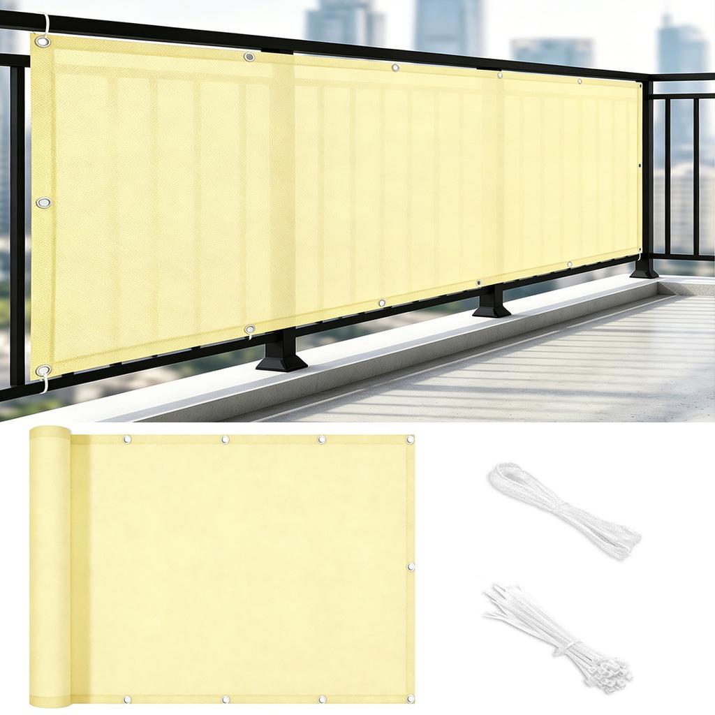 Balcony Privacy Screen, Outdoor Sunshade Fabric, Garden Fence Cover, Apartment Railing Protector with Rope Tie-Downs - Beige
