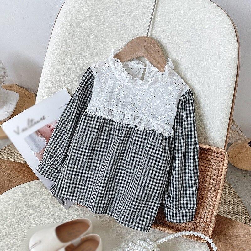 Kids Blouse Children Girls Plaid Shirt Puff Long Sleeve Top Tee Lace Ruffle Collar Chidlren Outwear Outfits 3-8Y