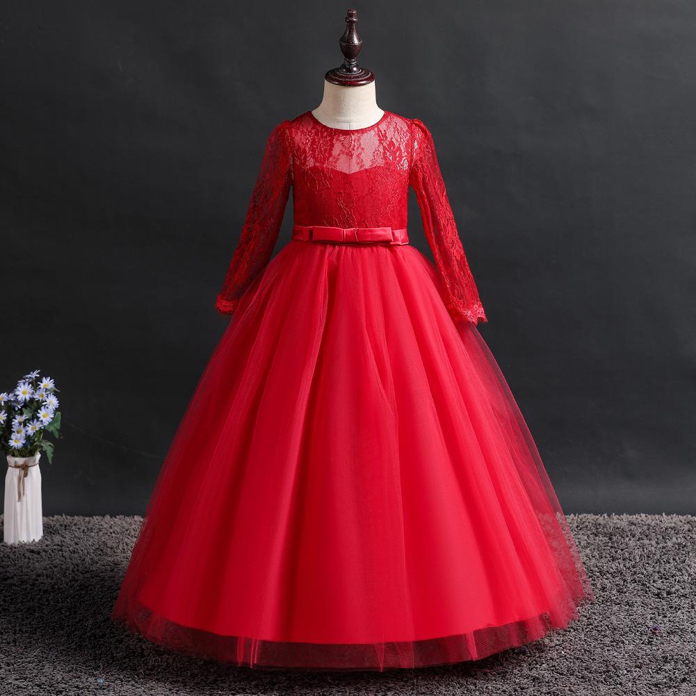 Girls' formal dress: long-sleeved lace puff-skirted princess dress for older children – perfect for emcees and performances