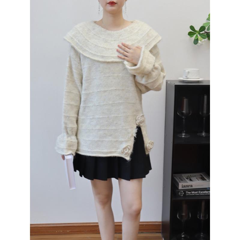 Lotus leaf collar three-dimensional flower butterfly design sense knitted sweater top autumn and winter new loose sweater pullover woman