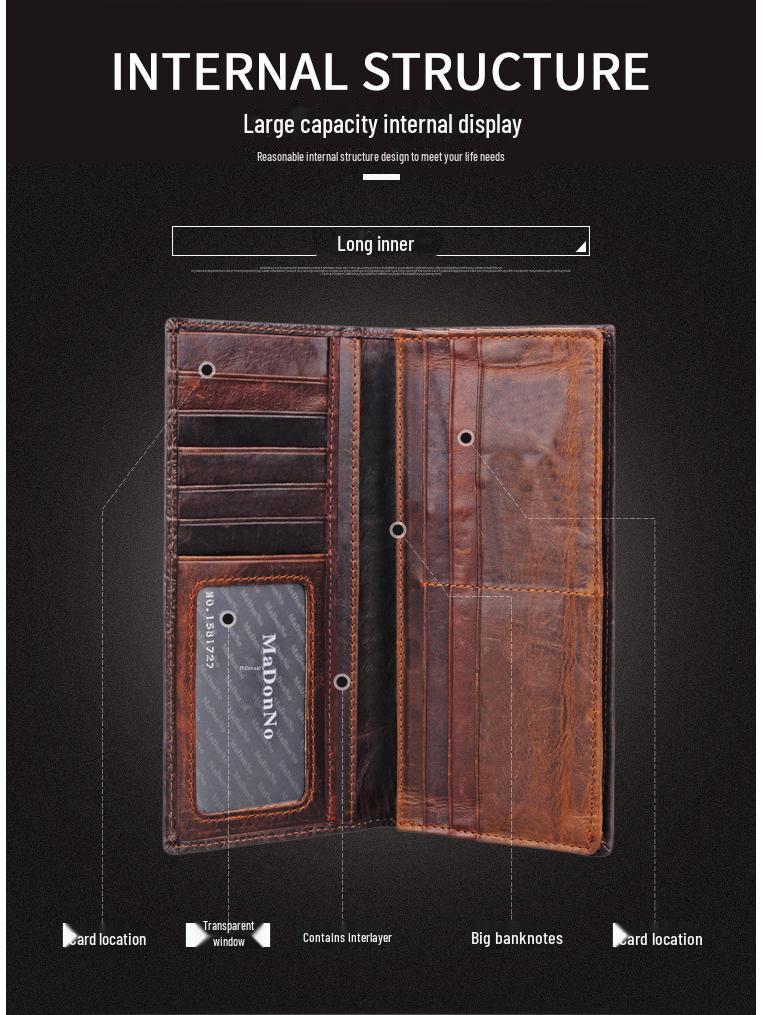 Men’s Retro Genuine Leather Wallet - Hand-Embossed Crocodile Pattern, Long, Large Capacity, Multi-Card Slots.
