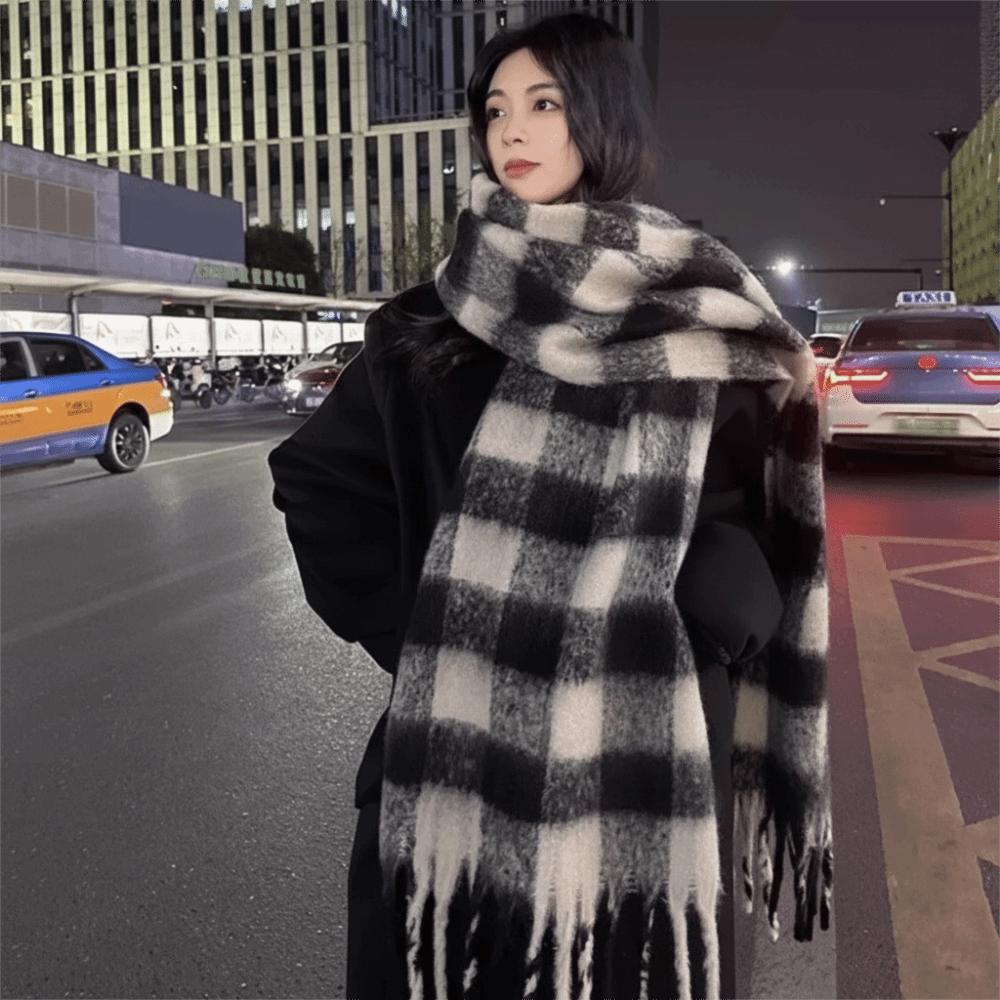 Plush Plaid Wool Scarf Tassel Long Shawl Elegant Winter Cashmere Scarves Girl